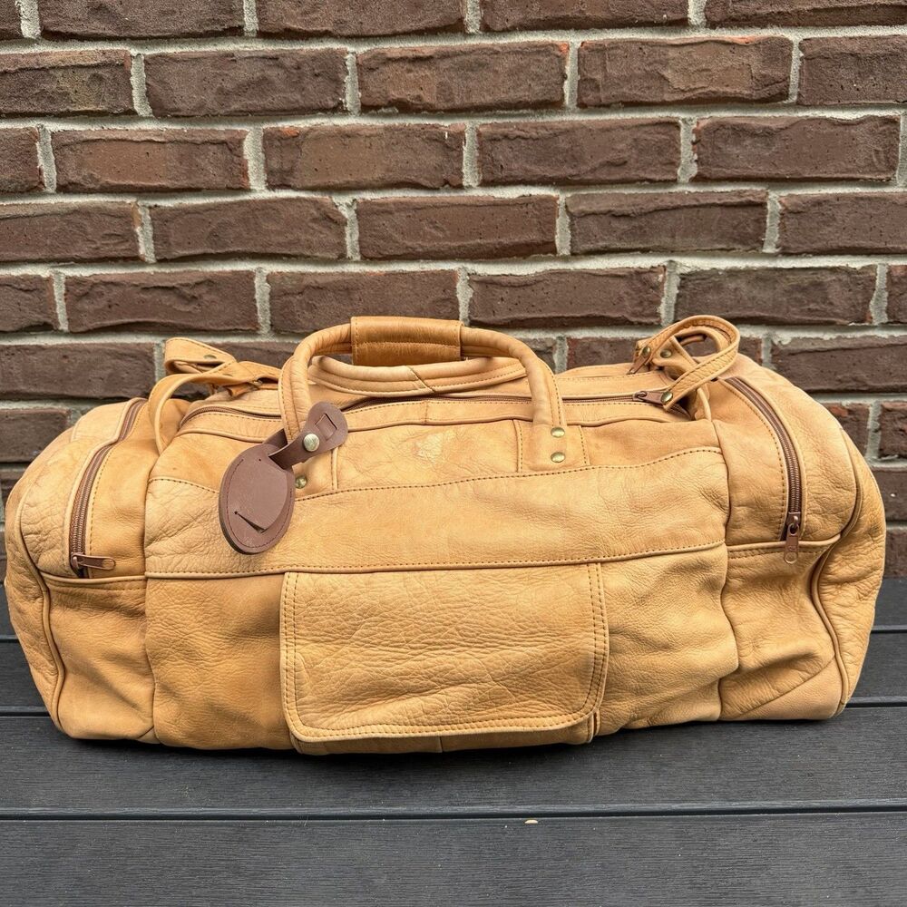 Leather Duffle Bag Vintage Genuine Leather Tan 24” Weekender Travel Made Mexico